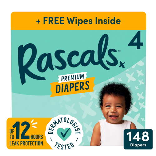 Rascals Premium Absorbent Baby Diapers Size 4, 148 Count, with 5 Sensitive Infant Wipes