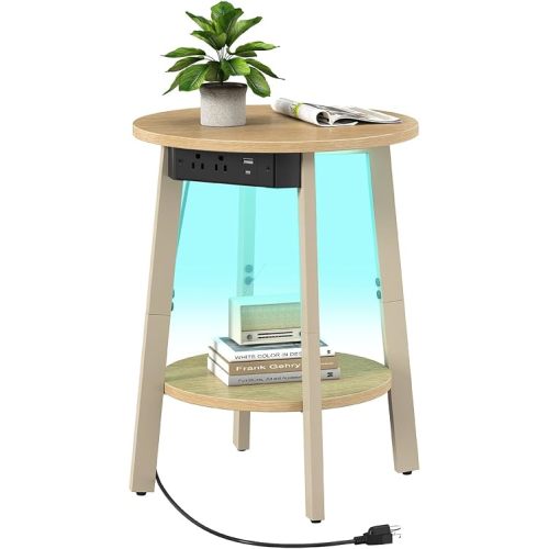 sthmec Round End Table with Charging Station,LED Small Side Table For Small Space, USB Power Oulets & LED Strip, 2-Tier Round Accent Table Couch Sofa Nighstands for Living Room, Bedroom, Natural Beige