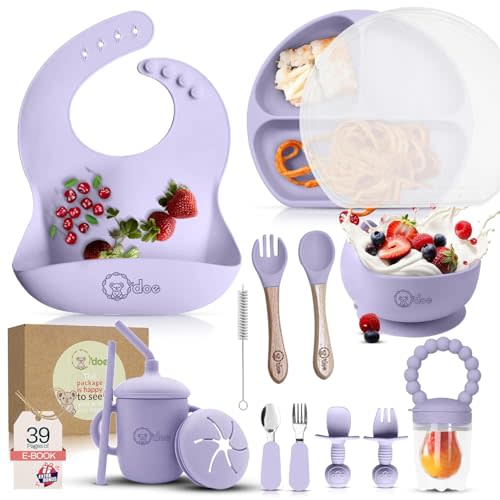 O'doe 17-Piece BPA-Free Silicone Baby Feeding Set | Thick & Soft Suction Plates, Baby Bowls, Wooden Fork & Spoon, and More | Make Mealtime Fun and Easy for Your Little One (Purple, V2)