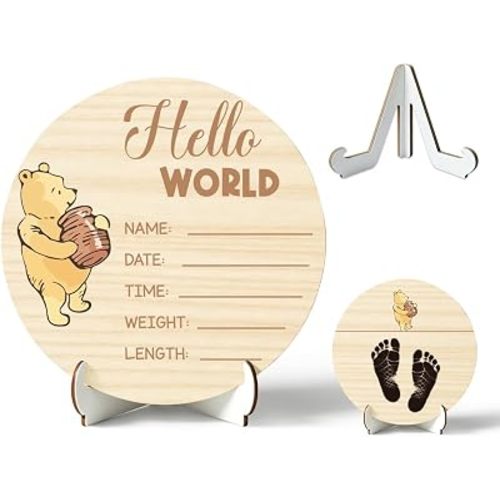 Winnie Baby Announcement Sign, Wooden Newborn Birth Sign, The Hello World Name Sign for Hospital, Gift for New Mom Baby Shower, Birth Name Plaque, Nursery Decor 7