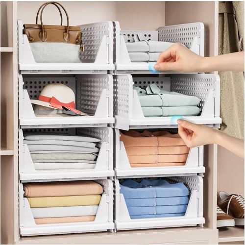 8 Pack Stackable Closet Storage Basket - Stackable Storage Bins, Multifunctional & Foldable Closet Organizer Waterproof, Wardrobe Cupboard Space-Saving Hat Storage Drawer Organizer, White
