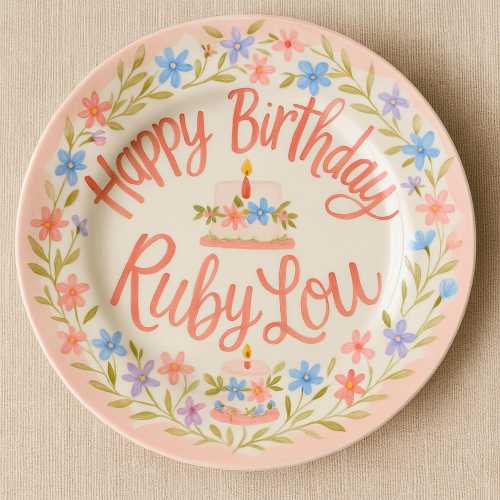 Personalized Plate with Birthday Cake and Name – Custom Floral Birthday Dish – Personalized Birthday Plate – Ceramic Birthday Keepsake