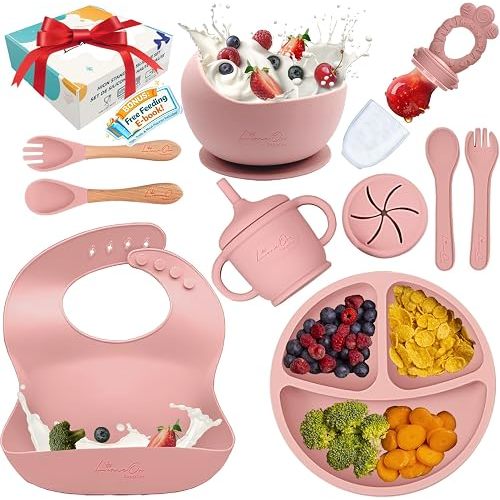 Silicone Baby Feeding Set, Suction Plates Bowls Bibs for Self Feeding –Pink