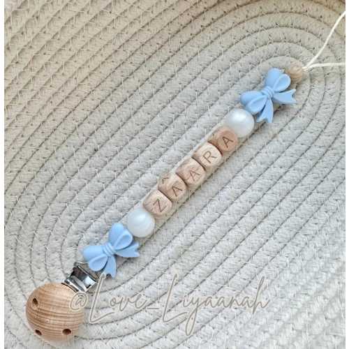 Personalised Dummy Clip Bow Flower: Blue Beads, Pacifier Holder, Pearl Beads