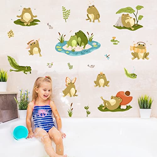 Removable Cute Frog Wall Decals Peel & Stick Frogs Dragonflies Lotus Pond Wall Stickers Set DIY Individual Stickers Kids Room Playroom Nursery Wall Decor
