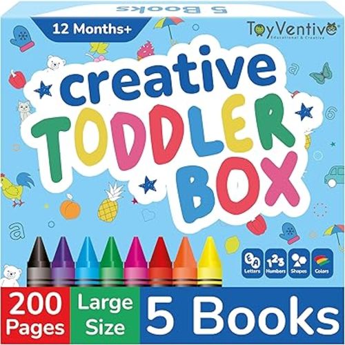Coloring Books for Toddlers 1-3 with Large Pages & Crayons for Toddlers 1-3, Boys Coloring Book Set Featuring Letters, Numbers, Shapes, Animals & Food Activities, 2 Year Old Workbook Set in Blue Box