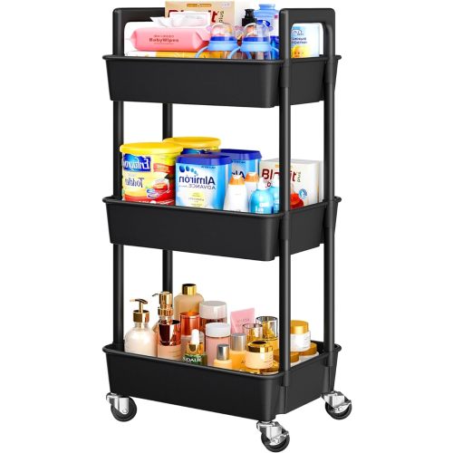 Pipishell 3 Tier Rolling Cart Organizer, Plastic Rolling Cart with Lockable Wheels & Reinforced Handle, Lightweight Utility Storage Cart for Nursery, Kitchen, Craft Room, Black
