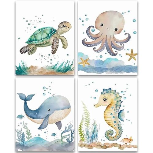 Watercolor Sea Marine Life Wall Art Prints,Encourage Ocean Animal Posters for Classroom Decor,Seahorse Sea Turtle Shark Octopus Wall Art Prints for Baby Nursery Kids Room Wall Decor,Set of 4 (8" X 10"
