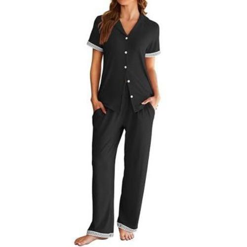 Ekouaer Womens Pajama Sets Short Sleeve Button Up Pjs, Chic Contrast Trim, Long Pants with Pockets,Soft Loungewear Set Black M