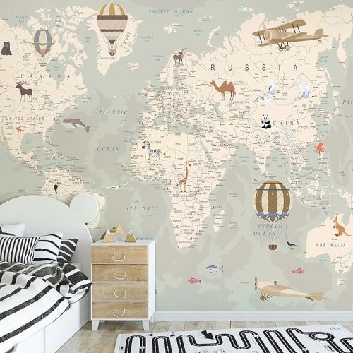 Kids World Map Wallpaper with Animals–Peel and Stick Educational Decals–Nursery Murals for Baby, Toddlers,Boys, Kids Room–Removable Waterproof Decor for Bedroom, Classroom, Playroom(94,5W x 74H)