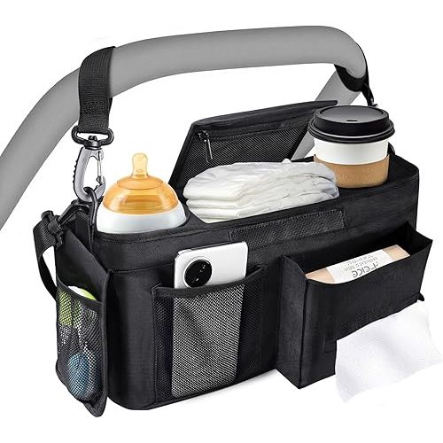 Organiseur de poussette avec porte-gobelet isotherme, panier de poussette pour bébé avec sac de téléphone, sac universel pour poussette, accessoires compatibles avec la plupart des poussettes