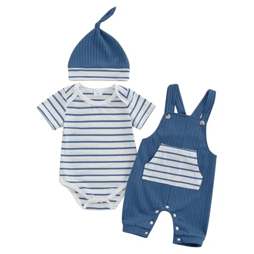 Bonangber Newborn Baby Boy Summer Clothes Stripe Short Sleeve Romper Suspender Pants Hat 3Pcs Set Cute Coming Home Outfit