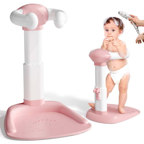 COOSEYA Baby Bath with Shower Stand Support, Anti-Pinch Soporte para Bañera de Bebé Adjustable Shower Tower and Anti-Slip for Toddler Standing Up Themselves(Pink)