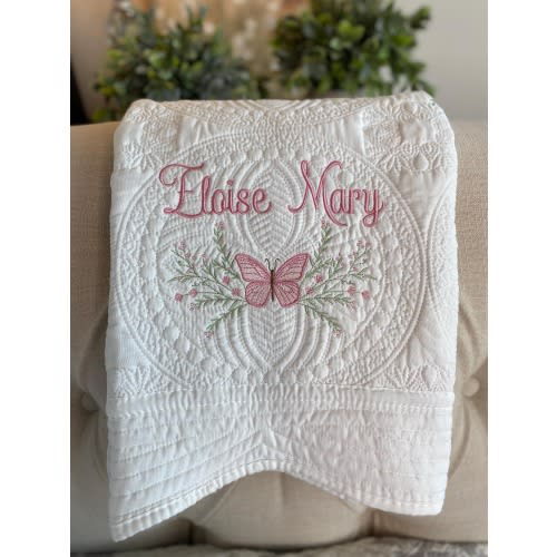 Flowers & Butterfly Custom Personalized Heirloom Quilt, Name Blanket, Baby Shower Idea Girl, Newborn New Baby Gift, Nursery Bedding