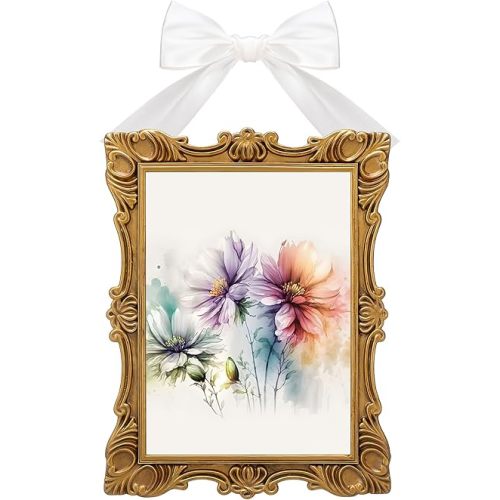 Leinuosen 5 x 7 Inch Vintage Gold Bow Picture Frame Resin Antique Gold Picture Frame Wall Mount Textured Rectangle Photo Holder Decorative Wall Hanging for Valentines Gift Home Office Decor(White)