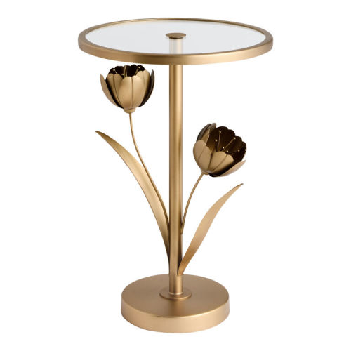 Belle Round Glass and Bronze Flower Shaped Pedestal Side Table