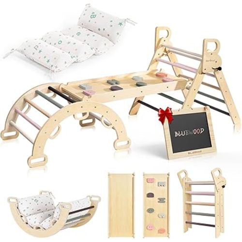 BlueWood Pikler Triangle Set with Cushion, 8-in-1 Foldable Wooden Toddler Climbing Toys Indoor Playground Jungle Gym Montessori Philosophy Climber for 2-6 Years Old, Baby, Kids (Mauve Pink)