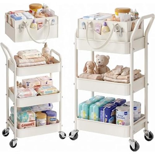 3 Tier Baby Diaper Caddy Cart with Removable Dividers and Wheels,Off-White