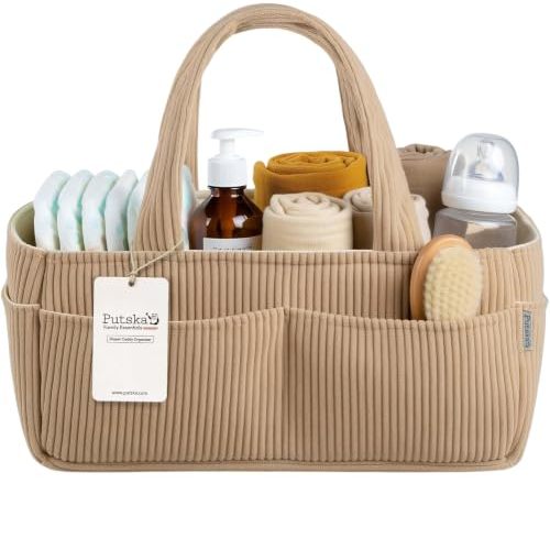 PUTSKA Baby Diaper Caddy Organizer, Nursery Basket (Brown, Corduroy)