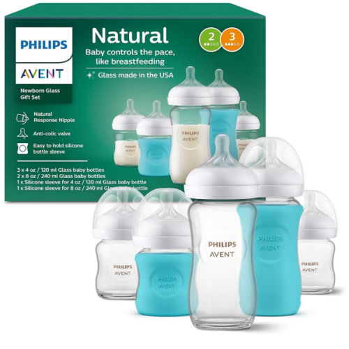 Philips Avent Natural Newborn Glass Gift Set, Baby Bottles with Natural Response Nipples, 3x 4oz (Slow Flow, Flow 2) and 2x 8oz (Medium Flow, Flow 3), 2x Silicone Sleeves, SCD858/01