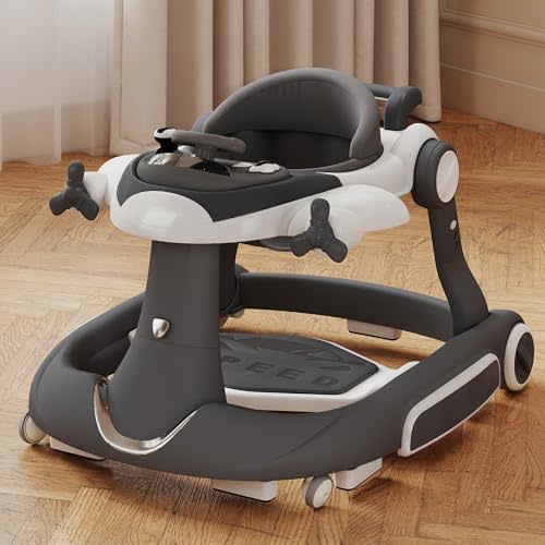 Kinder King 8-in-1 Baby Walker with Music & Lights, 3 Level Height Adjust | Foldable Toddler Walker with Speed Adjustable Wheels, Easy to Clean, Walker for Baby Boys & Girls 6-18 Months, Plane Theme