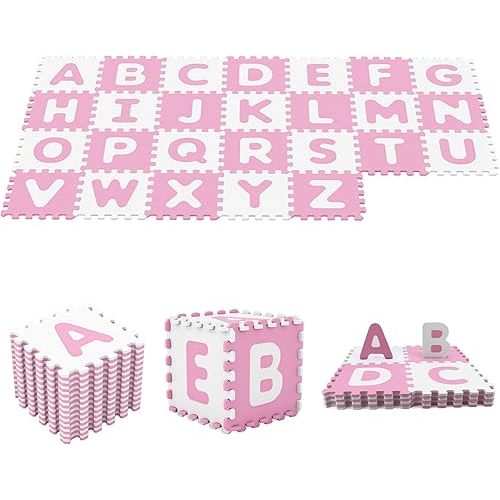 HONEY JOY Foam Floor Tiles for Kids, 12.5” x 12.5” EVA 26-Piece Interlocking Alphabet Puzzle Play Mat, Non-Slip Large Soft Carpet Rug, Easy to Clean, for Baby Crawling Exercise, Playroom (Pink)