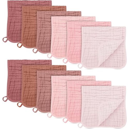 SWEET DOLPHIN 12 Pack Muslin Burp Cloths Large 100% Cotton Burping Clothes for Baby Drool - Absorbent and Soft Boys & Girls Milk Spit Up Rags for Newborn Essentials Registry - Dewy Petal