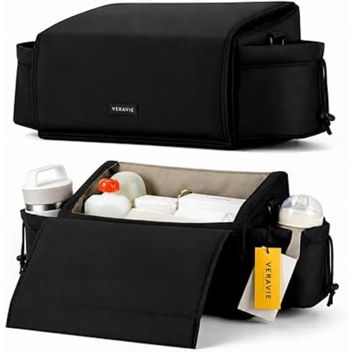 VERAVIE Single & Double Stroller Caddy Organizer Storage Bag, Cup Holders