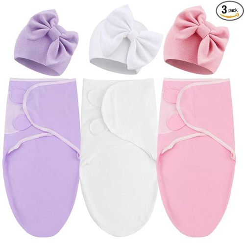 DRESHOW BQUBO 3 Pack Newborn Baby Swaddle Blanket with Hats Infant Adjustable Velcro Swaddling Wraps with Bear Ears Cap for 6-12 Lbs Newborns & 0-3 Months Girls Boys