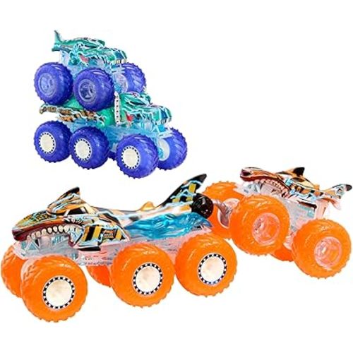 Hot Wheels Monster Trucks Multipack, 1:64 Scale Mega-Wrex & Tiger Shark Toy Trucks with Big Rigs in Matching Power Smashers Deco