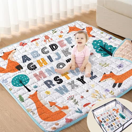 Baby Play Mats for Floor, 50x50 Playpen Mat Thick Soft Crawling Mat Non-Slip Cushioned Fox Playmats for Baby Toddlers Infants Activity & Tummy Time, Foldable & Machine Washable Playmat (Fox,50x50)