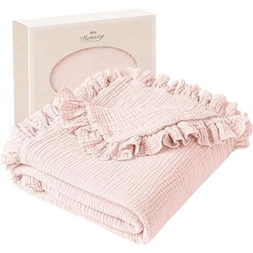 Konssy 100% Cotton Muslin Baby Blanket with Ruffle Trim for Girls, 43"x39"