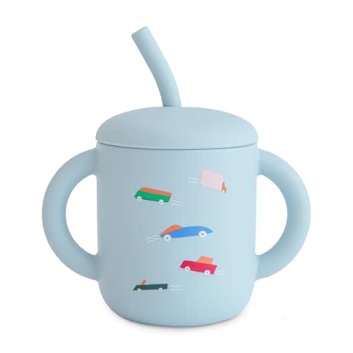 mushie 100% Silicone Training Cup & Straw for Toddlers | 6 Months+ (Retro Cars)