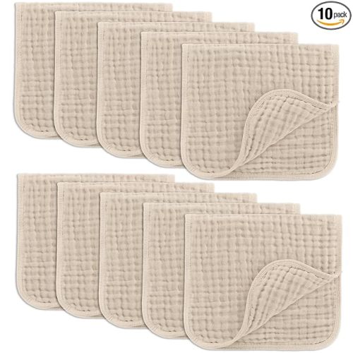 Comfy Cubs Muslin Burp Cloths 20" x 10", Pack of 10 - Large, 6-Layer, Ultra Absorbent 100% Cotton for Baby Drool and Messes - Soft, Safe & Gentle Baby Burp Cloths for Boys & Girls - Sand