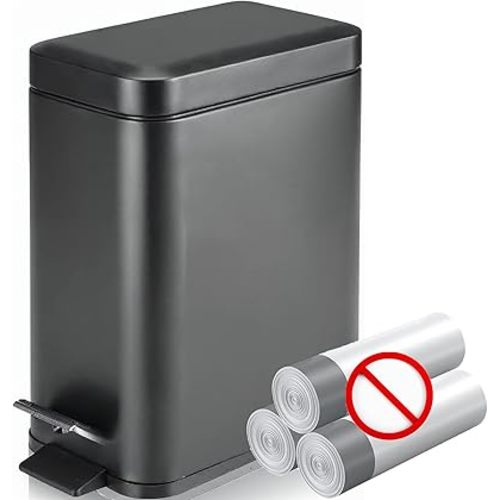 Homie Soft Close, Slim Trash Can 1.6 Gallon with Anti - Bag Slip Liner and Lid, Use as Mini Garbage Basket, Slim Dust Bin, or Decor in Bathroom, Restroom, Kitchen, or Bedroom (Matte Black)