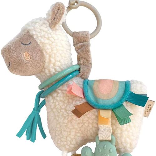Itzy Ritzy Link & Love Toy for Stroller or Car Seat; Features Textured Ribbons, Crinkle Sounds, Clinking Rings & Silicone Teether; Designed For Ages 0 Months and Up (Llama)