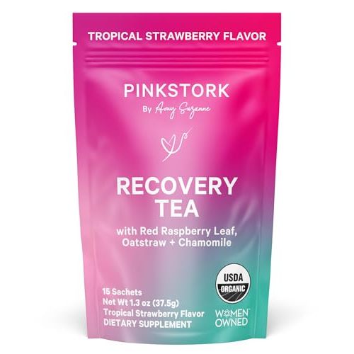 Pink Stork Postpartum Recovery Herbal Tea, Organic Red Raspberry Leaf with Chamomile, Hormone Balance for Women After Labor and Delivery, Strawberry Passion, Hot or Iced, Caffeine-Free, 15 Sachets
