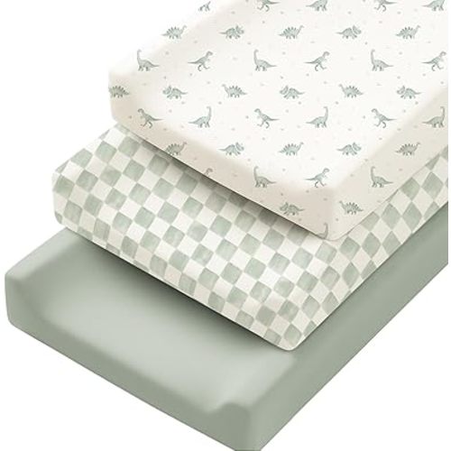 Konssy 3 Pack Stretchy Changing Pad Covers for Girl, Boy, Silky Soft Changing Table Cover, Breathable Baby Nursery Diaper Chang Pad Sheets (Green Dino)