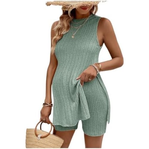 MakeMeChic Women's Maternity Pajama Set Loungewear Knit Tank Tops Biker Shorts Pregnancy Set