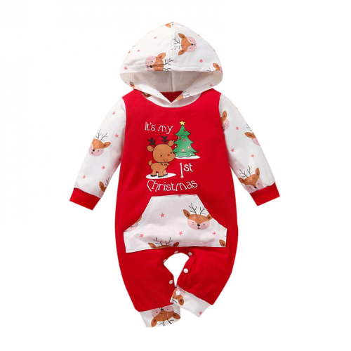 My First Christmas Baby Girl Boy Outfit One-Piece Hooded Romper , Elk & Trees Letter Printed Graphic Onesie