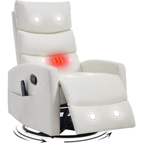 Trustyue Swivel Rocker Recliner Chair, 360° Swivel Recliner with Heat and Massage, Rocker Recliner Nursery Glider Chair with Side Pockets for Living Room (White1, Faux Leather)