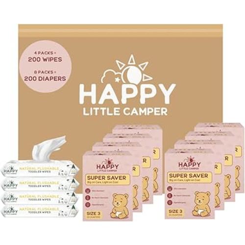 Happy Little Camper Ultra-Absorbent Super Saver Baby Diapers Size 3 - Hypoallergenic, Unscented & Chlorine-Free Disposable Diapers (200 Count) Come with Flushable Wipes (200 Count) for Sensitive Skin