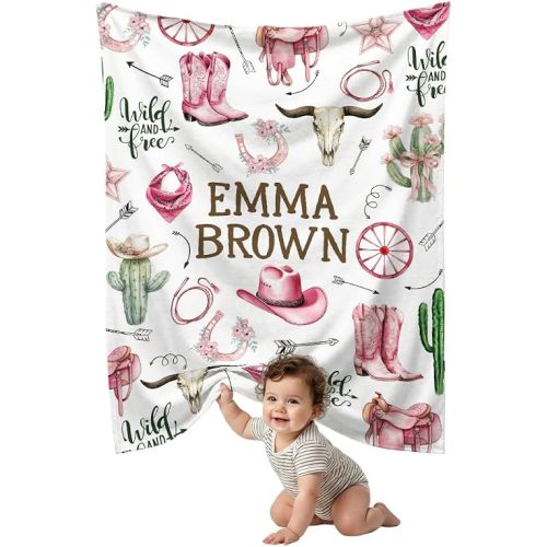 Personalized Name Baby Cowgirl Blankets, Pink Western Baby Blanket for Girls, Super Soft Fleece Blanket for Newborn Infant, Lightweight Bed Throw Nursery Blanket for Daughter