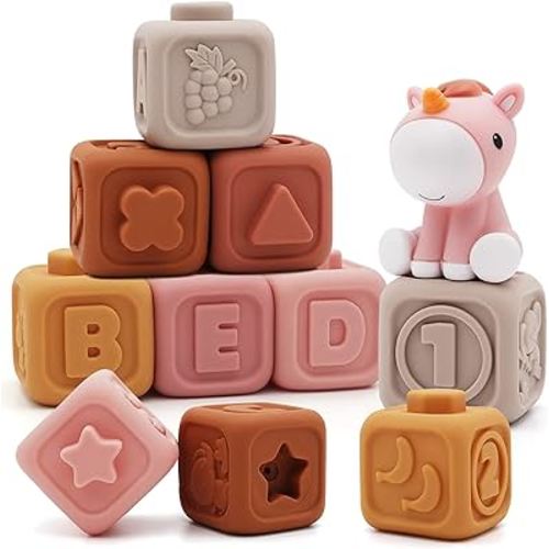 Nueplay 7 Pcs Soft Building Blocks, Sensory Stacking Squeeze Toys with Horse Figure, Newborn Essentials for 6 12 18 Months Baby Toddler Girls