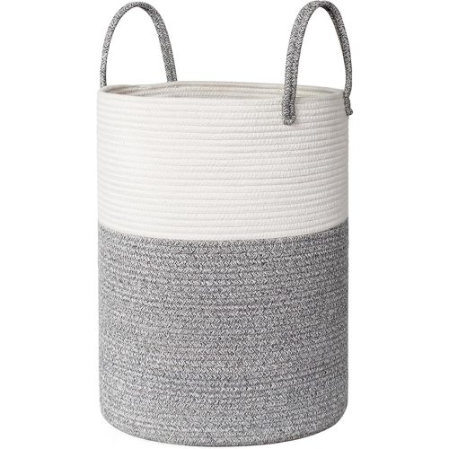 Large Woven Laundry Basket, 15”x18” Tall Blanket Basket Living Room, Cotton Rope Hamper for Bedroom Aesthetic, Baby Nursery, Wicker Hamper for Dirty Clothes, Kid Toy Laundry Storage Bin, Gray