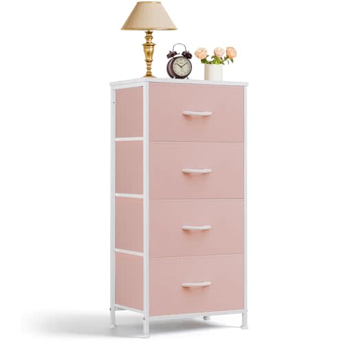 4 Drawers Dresser for Bedroom Fabric Storage Tower with Wooden Top | Steel Frame Tall Chest of Drawers for Closet, Entryway, Dorm, Pink