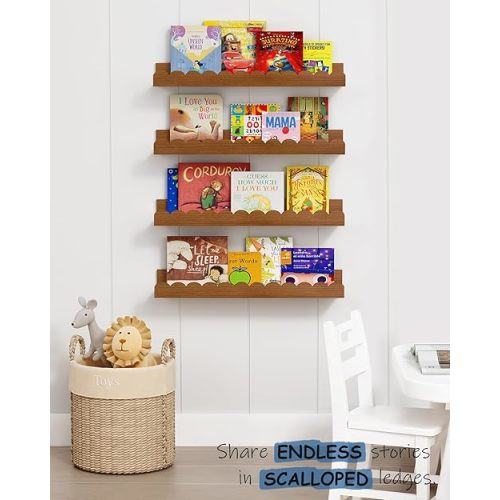 Walnut Nursery Book Shelves Wall Set of 4, Dark Wood Scalloped Floating Bookshelf for Wall, Cloud Wooden Hanging Shelving Unit for Kids Bedroom Baby Child Toddler Room Kitchen (Walnut Brown)