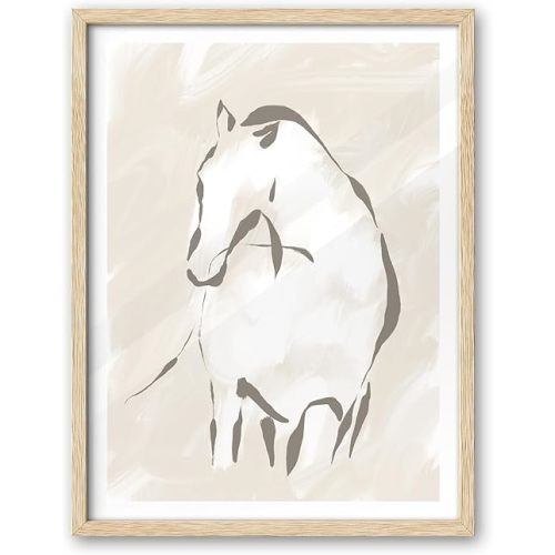 iHery Natural OAK Wood Abstract Boho Horse Drawing Framed Wall Art, 12x16 in Minimalist Animal One Line Sketch Canvas Wall Decor,Modernist Neutral Earth Tones Set of 1 Bedroom Living Room Bathroom