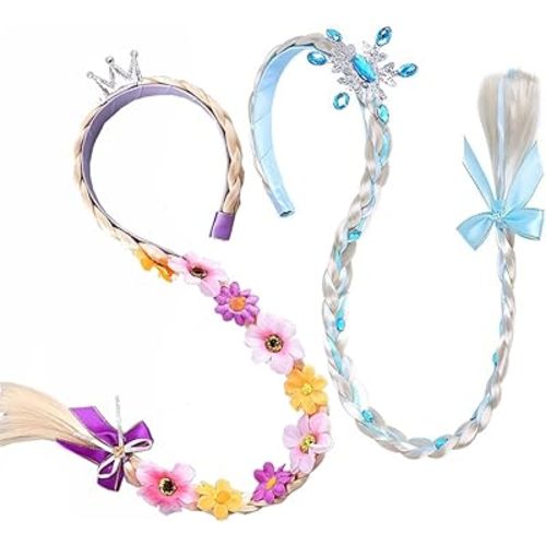 2Pcs Long Braided Wigs Princess Hairpiece Rapunzel Wig Elsa Braid Girls Cosplay Headband Hair Dess up Accessories for Girls Toddler