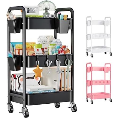 3 Tier Rolling Cart with Lockable Wheels, Metal Diaper Caddy Cart Organizer for Baby Essentials, Black Storage Utility Cart for Craft, Snack, Rolling Carts with Wheels for Lash Techs, Art, Bathroom
